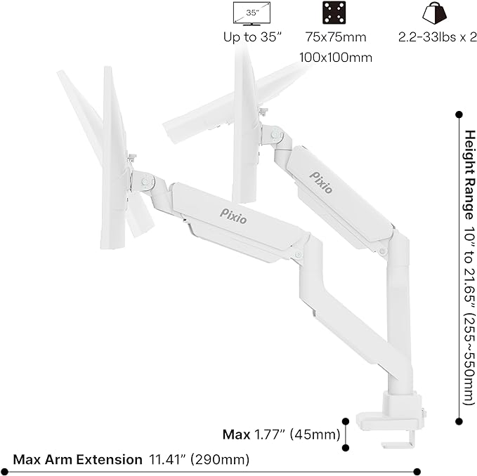 Pixio PS2D White Ultrawide Heavy-Duty Premium Dual Monitor Arm Stand Desk Mount - Fits up to 35 inches Two Monitors, Weights up to 33 lbs Each, Compatible with VESA 75x75mm 100x100mm