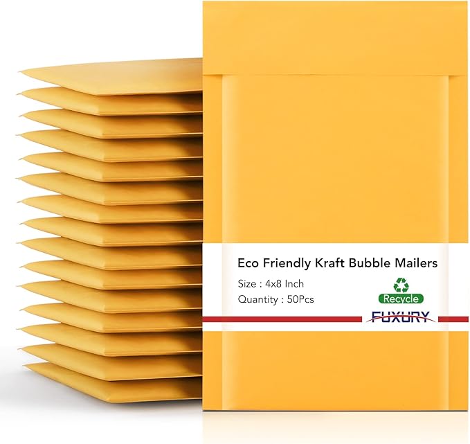 Fuxury Kraft Bubble Mailer 4x8” 50Pack Strong Adhesion Padded Envelopes Thick Bubble Envelopes Usable Size 4x7" Waterproof Cushioned Bubble Mailers Packaging for Small Business #000 Yellow