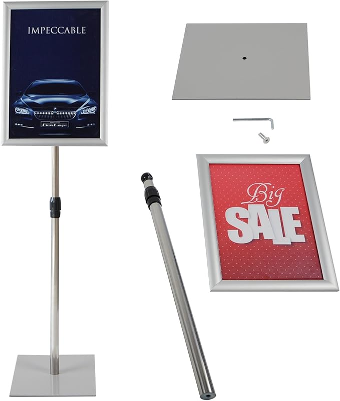 Adjustable Heavy Duty Pedestal Sign Holder Poster Stand - 8.5x11 Inch Vertical & Horizontal Sign Stand Displayed Poster Holder, Square Base Sign Stands for Display, Advertisement & Outdoor Sign Holder