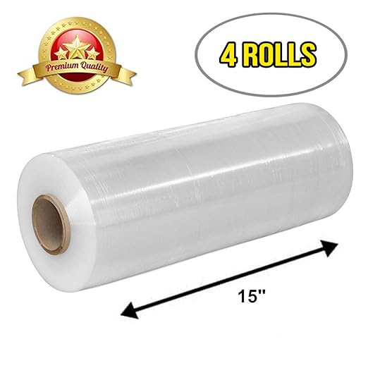 APQ 4 rolls of Cast Hand Stretch Film 15" x 2000'. Hand Stretch Wrap, 60 Gauge Thickness. Excellent Tear Resistance. Clear Residue Free Film for Moving, Shipping, Wrapping. Industrial Grade Cast Film.