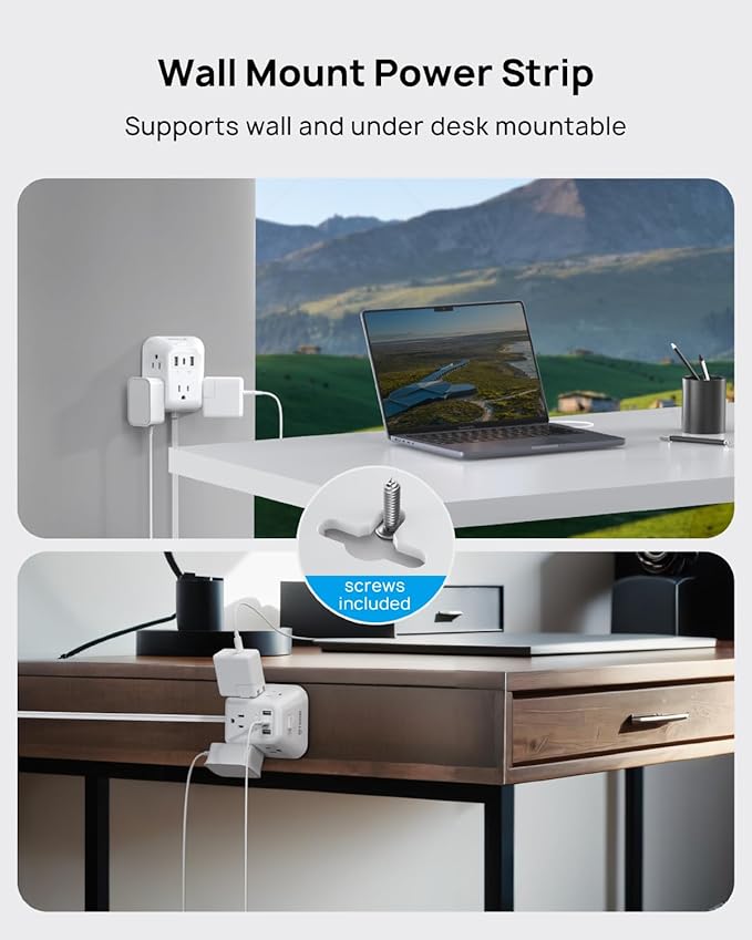 TROND Flat Plug Power Strip Surge Protector, 5FT Ultra Thin Extension Cord, 5 AC Outlets and 3 USB Ports, Wall Mountable, Compact Design for Home Office and Dorm Room Essentials