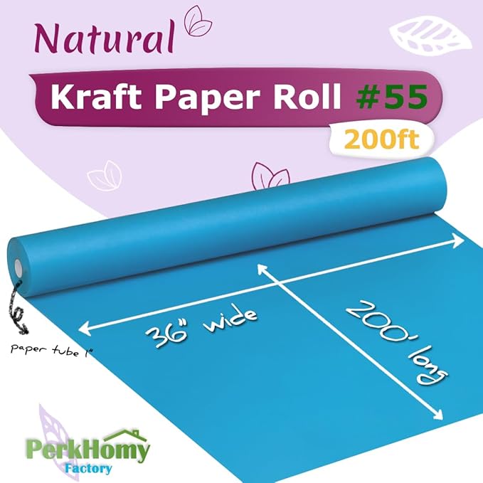 PerkHomy 36" x 2,400" (200') Lake Blue Kraft Paper Roll for Craft Bulletin Board Paper Art Table Covering Crafting Gift Wrapping Bouquet Packing Parcel 80GSM 55LB (Lake Blue, 36" x 200')