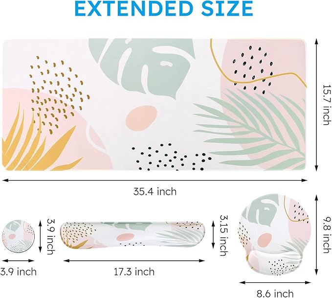 iCasso Desk Mat, Gaming Mouse Pad Wrist Support Set,4in1 XXL Large Mousepad + Keyboard Wrist Rest+Mouse Wrist Rest+Coaster Set with Ergonomic Design for Home Office Table Computer-Morandi