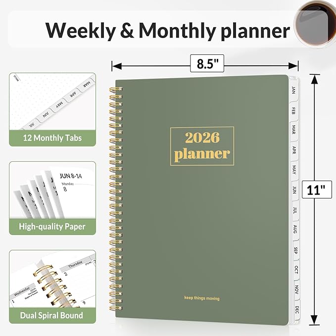 SUNEE Planner 2026 Weekly and Monthly, January 2026-December 2026, 8.5"x11", Tabs, Note Pages,Spiral Binding, Sage Green