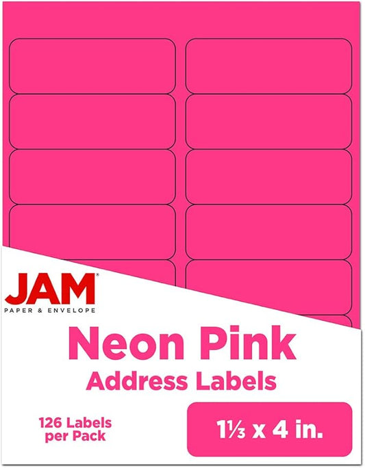JAM Paper® Address Labels - 1 1/3 x 4 in - Neon Pink - 14 Labels per Sheet, 126 Per Pack