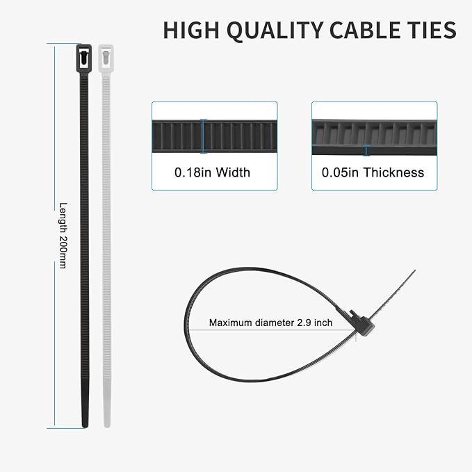 8 Inch Recoverable Reusable Zip Ties, 1000PCS Black Zip Ties, Outdoor 50 lb. Small Cable Ties, Small Releasable Plastic Ties, Removable Wire Ties for Wire Management Outdoor Patio