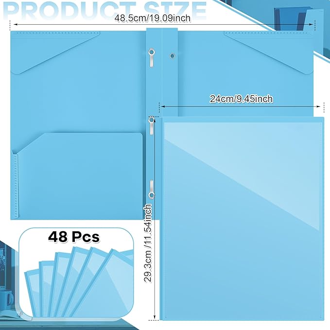 Henoyso 48 Pcs Plastic Folder with Clear Front Pocket and 3 Prongs Heavy Duty Plastic Folders with Card Slot Pocket Folders with Prongs for School Office Home(Light Blue)