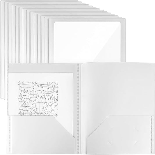 Teling 24 Pcs Plastic Folders with Front Clear Pocket and Business Card Holder 2 Pocket Heavy Duty Folders Plastic Letter Size Paper for Business School Office Supplies (White)