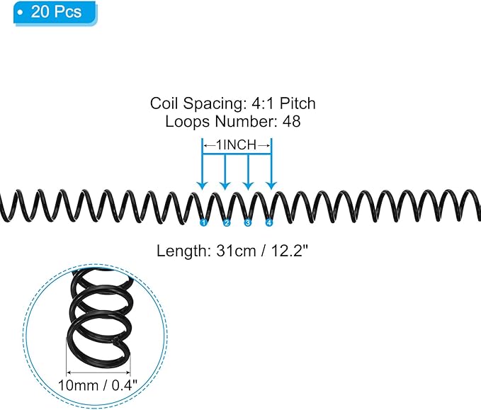 PATIKIL 10mm(3/8") Plastic Spiral Binding Coils, 20 Pcs Binding Spirals 75 Sheet Capacity 4:1 Pitch Binding Spirals for Binding Paper Sheets, Black