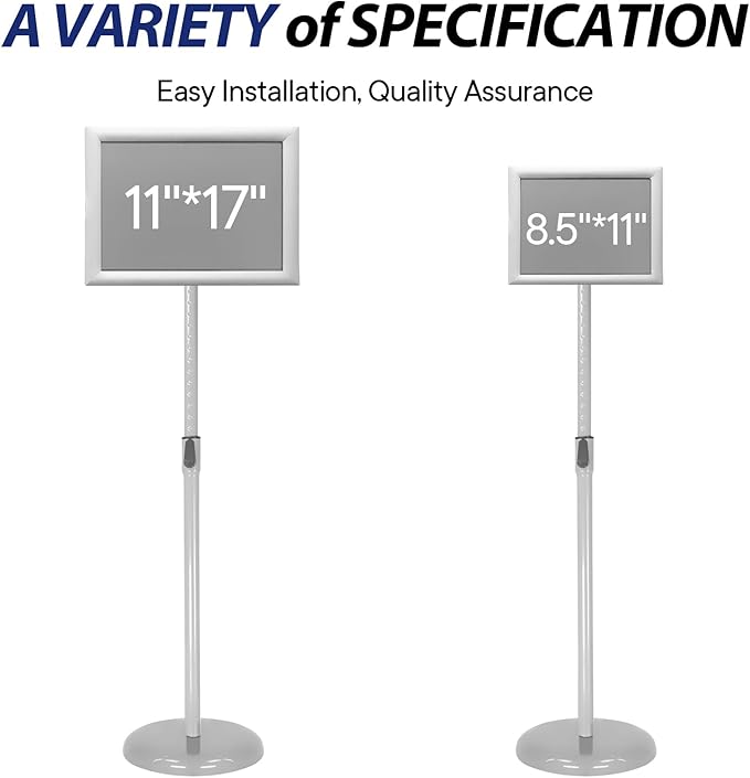 Adjustable Poster Stand Holder Heavy Duty Snap Open Aluminum Pedestal Floor Standing Sign Holder Vertical and Horizontal View Sign Displayed (Silver, 8.5x11inches)