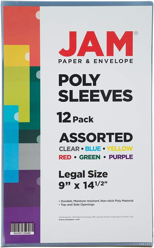 JAM PAPER Plastic Sleeves - Legal Size - 9 x 14 1/2 - Assorted Color Project Pockets - 12 Page Protectors/Pack
