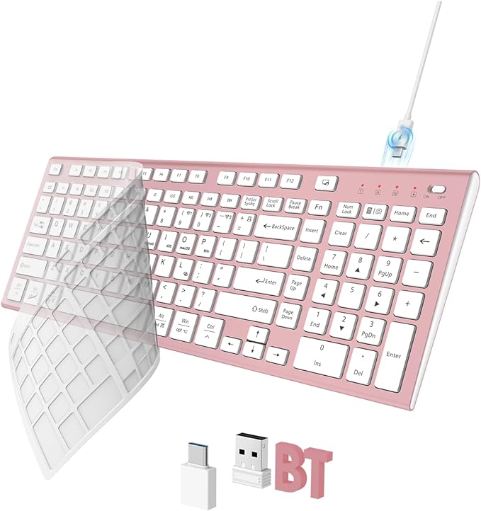 FENIFOX Wireless Keyboard, Bluetooth + USB Ergonomic Silent Quiet Rechargeable with Number Pad Cute Compact Full Size Multi Device Keyboards for iPad Tablet Mac Computer Surface PC MacBook Laptop Pink