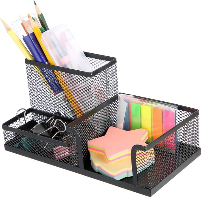 Pen Holder Mesh Metal Pencil Holder Desk Organizers Black for Desk Office with 3 Compartments Pencil Holders,Desktop Storage Caddy Organization,Suitable for School, Home,Black