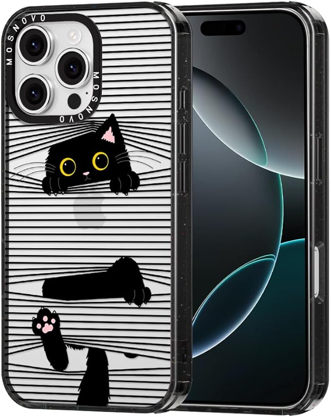MOSNOVO Case for iPhone 16 Pro Max, [10ft 4X Military-Grade Drop Protection] Durable & Shockproof Phone Case Cover Design for iPhone 16 Pro Max - Hidden Black Cat - Clear Black