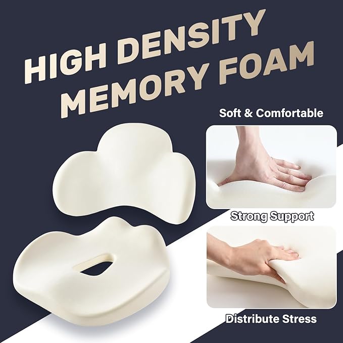 Coverado Seat Cushion and Lumbar Support Pillow for Car Office Chair, Ergonomic Memory Foam Desk Chair Cushion Back Support Pillow, Sciatica & Back & Tailbone Pain Relief Cushion-Beige