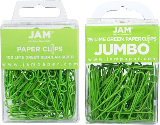 JAM PAPER Combo Pack Colorful Paper Clips - Standard & Jumbo - Lime Green Paperclips - 1 Pack of 100 & 1 Pack of 75