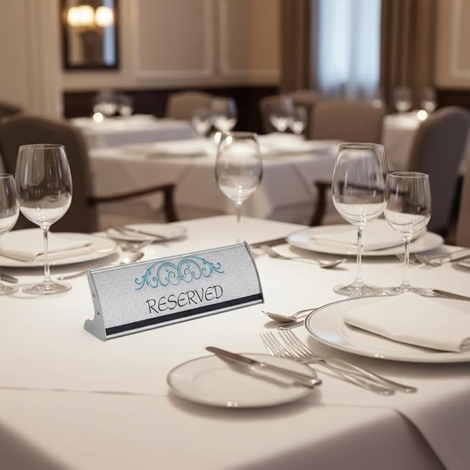 Set of 2, TABLE DESK STAND NAME PLATE SIGN HOLDER FRAME DISPLAY CURVATURE DESIGN SILVER ALUMINUM (80 mm H x 200 mm W)