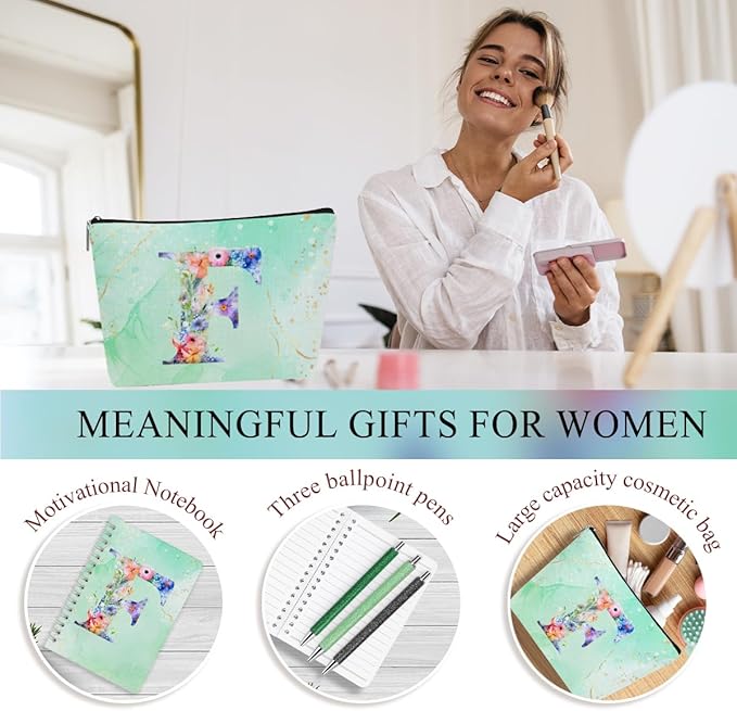 Personalized Gifts Monogrammed Birthday Gifts for Women, Aunt Grandma Retirement Christmas Initial 20 oz Tumbler, Makeup Bag Cup Ballpoint Pens Journal Notebook 6 Set, (Aesthetic Green Flower F)
