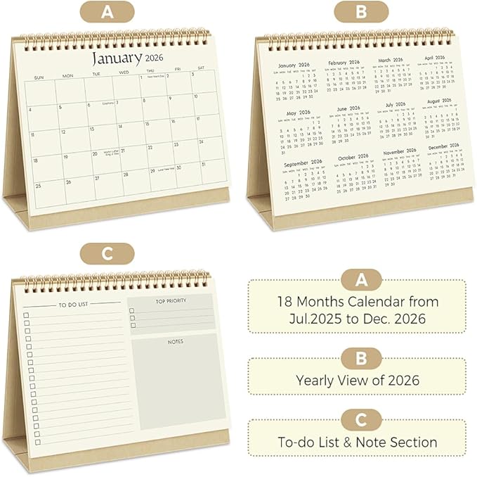 SKYDUE Desk Calendar 2025-2026, July 2025 – December 2026, 8.3" x 6.3", Black Minimalist Style, Eye-Care Paper, Double-Wire Binding, To-Do & Notes Sections, with 280 Planner Stickers