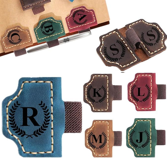 Custom Bookmark with Pen Holder with 26 Letters Personalized Magnetic Leather Book Mark, Customized Name Book Marker Clip with Initial for Men Women, Gifts for Book Lovers, Readers, (Blue, R)