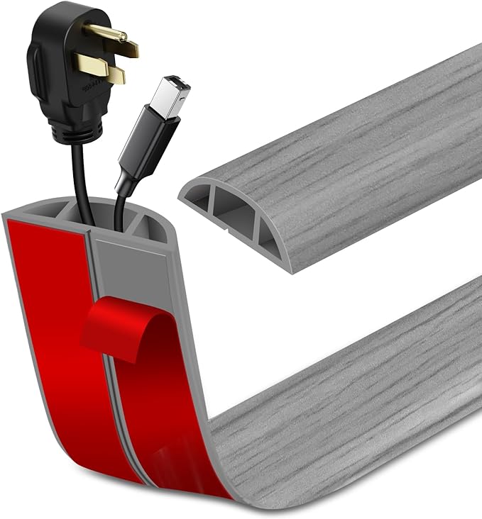 Floor Cord Cover Self Adhesive Cord Hider Floor Extension Cord Covers for Floor Power Cord Protector Cable Management Prevent Cable Trips Cable Cavity 0.51" W x 0.31" H (Light Grey Wood, 10Ft)