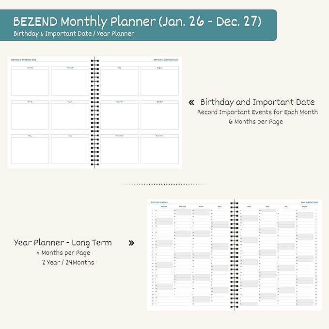 BEZEND Monthly Planner 2026-2027 (Spiral-7" x 9") 2 Year Calendar Book with Note Pages - Jan 26 to Dec 27-120 GSM Paper, Inner Pockets, Laminated Tabs, Vegan Leather Softcover - Dark Green