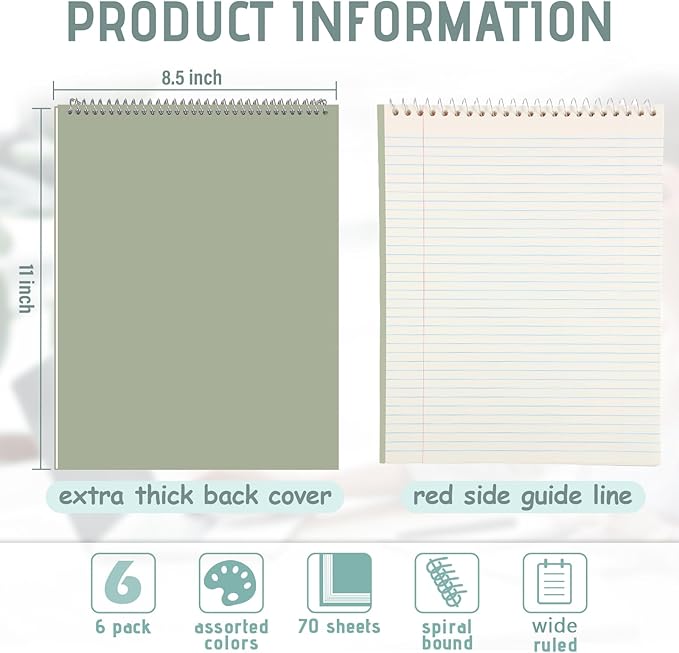 Maitys 6 Pack 8.5 x 11'' Top Bound Office Steno Book Wide Ruled Double Sided Spiral Steno Books Reliable White Paper 70 Sheets/Pad Pastel Colors Covers for Writing Notes College (Stylish Color)