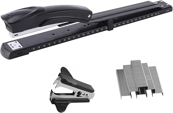 Long Reach Stapler,with 2000 Staples & Stapler Remover Full Strip，20-25 Sheet Capacity,with Built-in Ruler and Adjustable Locking Paper Guide, Black