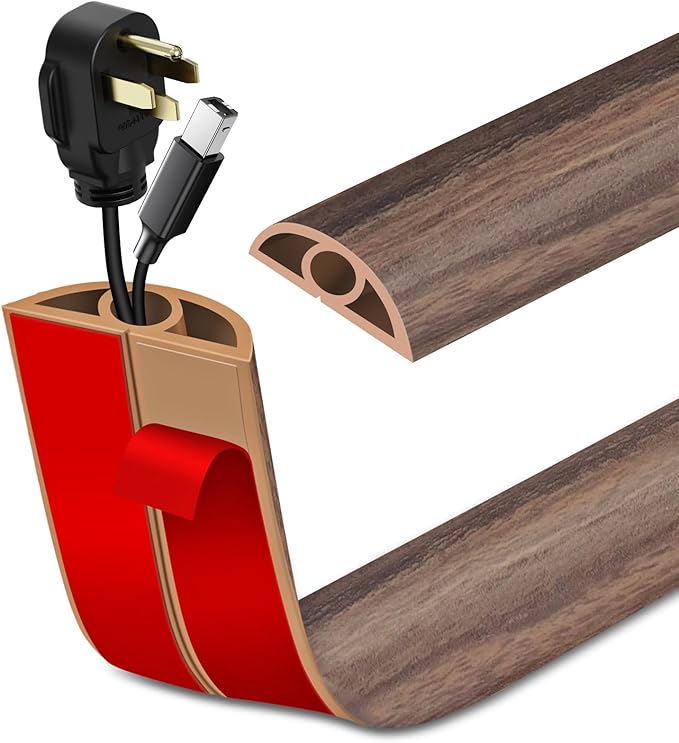 Floor Cord Cover Self Adhesive Cord Hider Floor Extension Cord Covers for Floor Power Cord Protector Cable Management Prevent Cable Trips Cable Cavity 0.32" W x 0.32" H (Smoked Brown Wood, 20Ft)