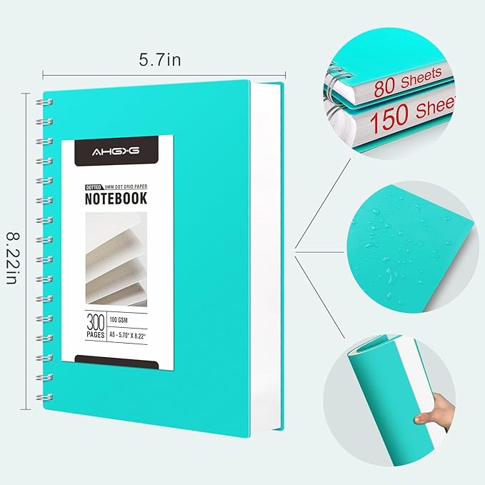 AHGXG Bullet Dotted Journal Spiral Notebook, 300 Pages Dotted Notebook Thick Journal, A5 Dot Grid Notebook, 100GSM Thick Paper, Plastic Hardcover, with Journal Stencils, 5.7" x 8.3", Lake Blue
