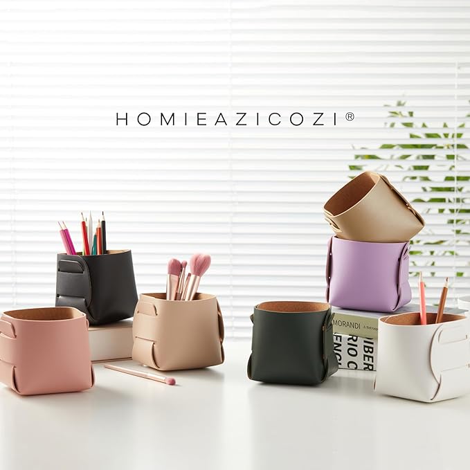 HOMIEAZICOZI 2-Pack Cork Leather Desk Accessories Storage - Pencil Pen Holder - Makeup Brush Holder Organizer - Stylish Addition to Home Decor (Champagne Gold)