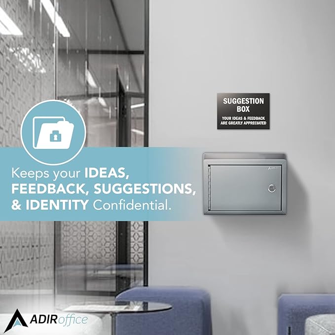 Adir Suggestion Box with Slot and Lock - Money Drop Box with Lock, Cash Dropbox - 9.8x7.5x3.4 Inches Wall Mount Donation Box - Metal Deposit Box in Gray