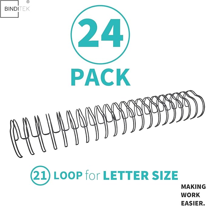 Binditek 24 Pack Double Loop Wire Binding Spines, 1-1/4 Inch Binding Wire for Letter Size, 2:1 Pitch, 250 Sheet Capacity, 21-Loop, Black, for Students and Coworkers