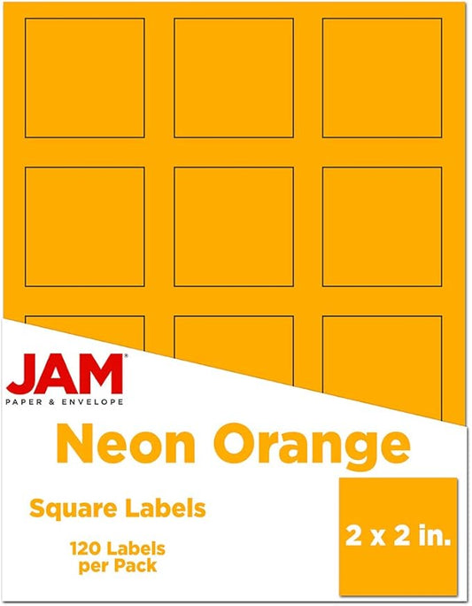 JAM PAPER Product & Container Labels - Square - 2 x 2 - Neon Orange - 120/Pack