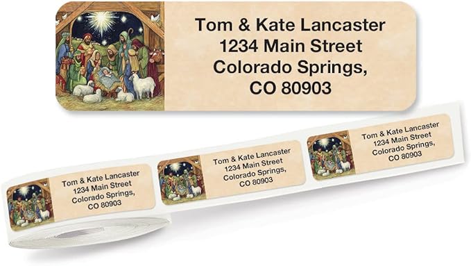 Nativity Christmas Rolled Personalized Return Address Mailing Labels with Dispenser, Set of 250, Small ¾ x 2½ Inch Size, Custom Self-Adhesive Sticker Roll, by Colorful Images
