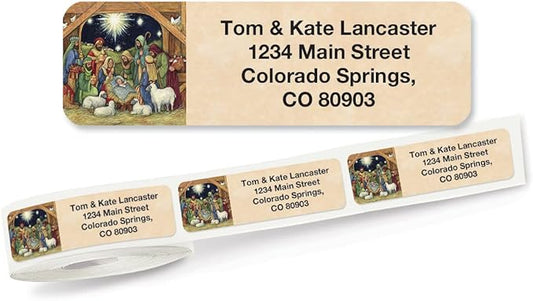 Nativity Christmas Rolled Personalized Return Address Mailing Labels with Dispenser, Set of 250, Small ¾ x 2½ Inch Size, Custom Self-Adhesive Sticker Roll, by Colorful Images