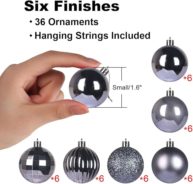 Space Gray 1.6" Small Christmas Balls Christmas Tree Decoration Ornaments Shatterproof Hanging Balls for Birthday Halloween Holiday Wedding Decorations Set of 36pcs
