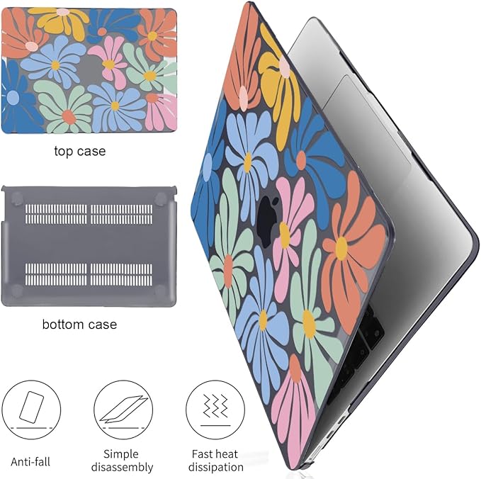 for MacBook Air 13.6 Inch Case 2025 2024 2023 2022 Release Model M4 A3240 M3 A3113 A2681 M2, Pattern Plastic Hard Shell Cover for Mac Air 13 M4 Liquid Retina Display, Colorful Flowers Black