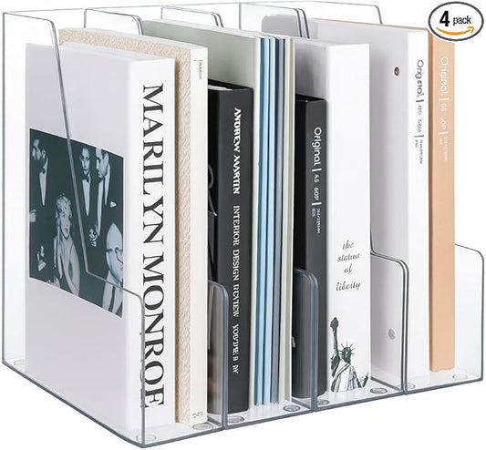Vertical Magazine File Holder, Clear File Organizer Desk Organizer and Storage Bins Holding for Magazines, Binders, Notebooks, Envelopes, Plastic Office Organization and Storage for Desk, 4 pack