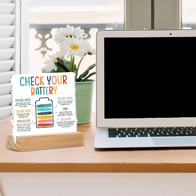 Inspirational Gifts for Women Men Coworkers, Mental Health Therapist Office Desk Decor Clear Acrylic Sign, Therapist Office Art Decor for Desk Gadgets Tabletop Cubicle, Check Your Battery