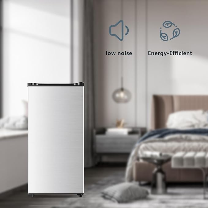 Seaoola Mini Fridge with Freezer, Single Door 3.1 Cu.Ft, Compact Mini Refrigerator, LED Light, Adjustable Thermostat, Removable Glass Shelves, Small Refrigerator for Dorm/Office/Bedroom(Sliver)