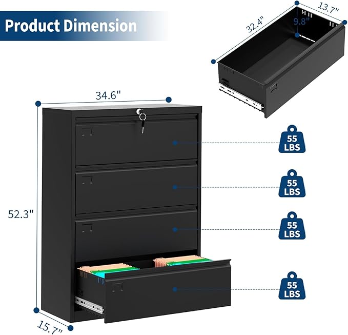 Lateral File Cabinet with Lock, 4-Drawer Heavy Duty Steel Office Storage for Letter/Legal/A4 Documents, Wide Metal Office Storage Organizer, Easy Assembly