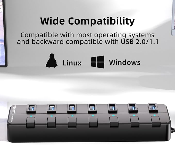 VEMONT 7-Port USB 3.0 Hub (Equipped with a 4-Foot Data Cable, Individual Switch, and Indicator Light, it Supports Data Transfer speeds of up to 5Gbps) Suitable for Desktop Computers and laptops.