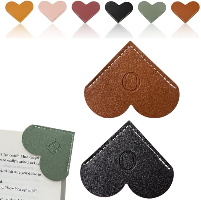 Personalized Leather Heart Bookmark, 26 Letters Customized Corner Book Mark for Reading Women, Book Marker with Initials，Cute Gifts (Black+Dark Brown, O)