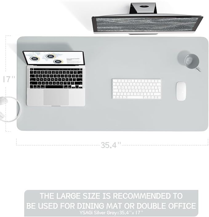 YSAGi Non-Slip Leather Desk Pad L Size, Waterproof Laptop Computer Desk Keyboard Mat, Table Protector Blotter Mat, Large Mouse Pad for Office/Work/Home/Decor(Silver-Grey, 35.4" x 17")