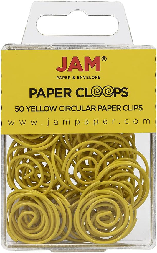 JAM PAPER Circular Paper Clips - Round Paperclips - Yellow - 50/Pack