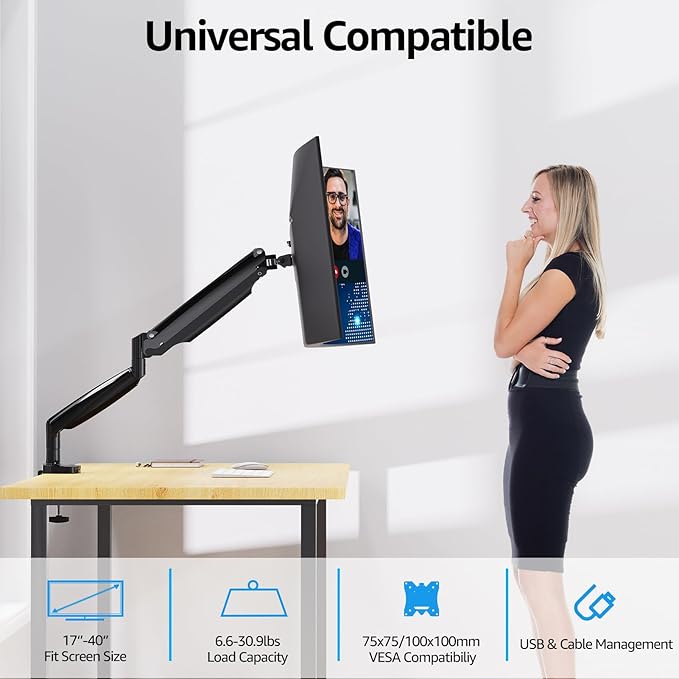 MOUNTUP Ultrawide Monitor Arm for Max 40 Inch Screen, Heavy Duty Monitor Desk Mount Support 6.6-30.9lbs, Gas Spring Computer Monitors Stand for Desk, VESA Mount with Clamp & Grommet Base