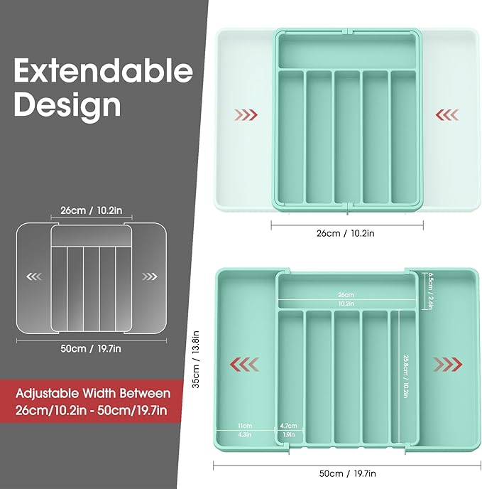 Aujen Silverware Organizer - Expandable Kitchen Drawer Organizer, Adjustable Utensil Organizer, Cutlery Tray for Forks, Knives, Multipurpose Kitchen Organizers and Storage Solution, Green, Large