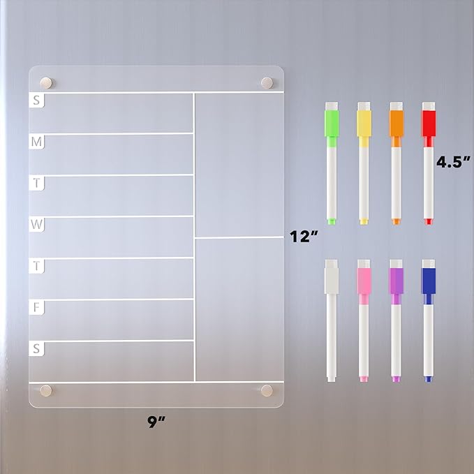 Acrylic Magnetic Meal Planner Menu Board for Kitchen Fridge w/ 8 Markers, Clear Refrigerator Weekly Dry Erase Calendar Planning Noteboard to Do/Grocery/Shopping List/Chore Chart/, 12"x9"