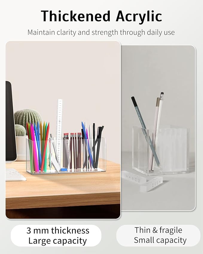 Uniclife Clear Acrylic Pen Holder for Desk, Plastic Pencil Holder Pen Organizer with 4 Compartments, Desktop Stationery Organizer for Office Home School, Vertical Makeup Brush Holder, 9" x 3" x 4"